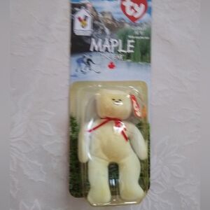 ty Maple The Bear Beanie Babies Plush Toy Vintage Canadian Flag And Red Ribbon